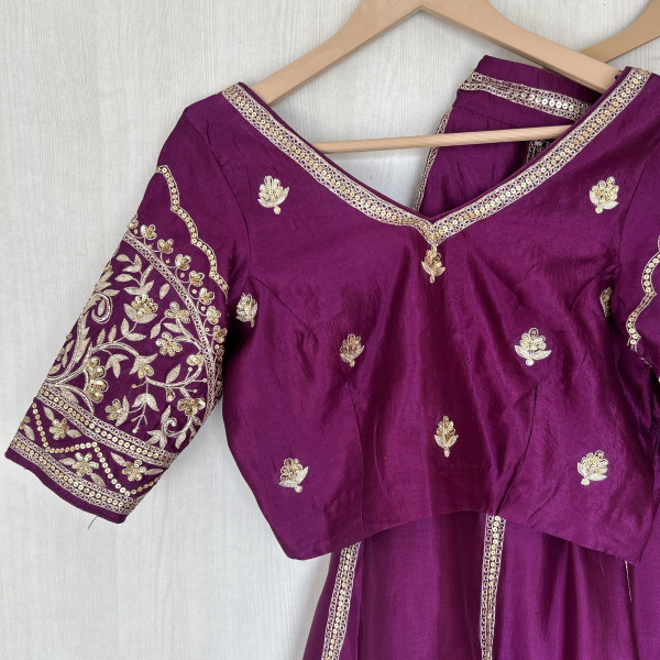 Purple Green Hand Embroidered Tussar Silk Lehenga