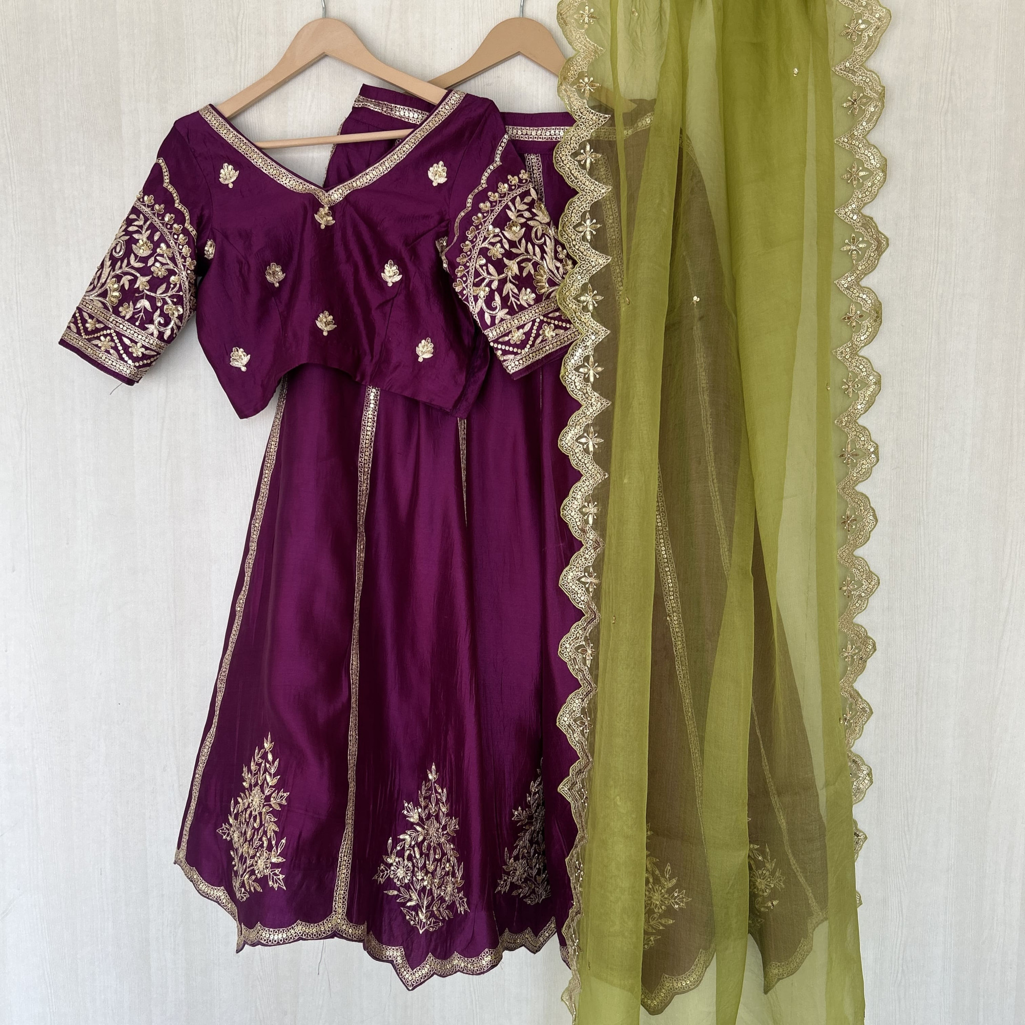 Purple Green Hand Embroidered Tussar Silk Lehenga