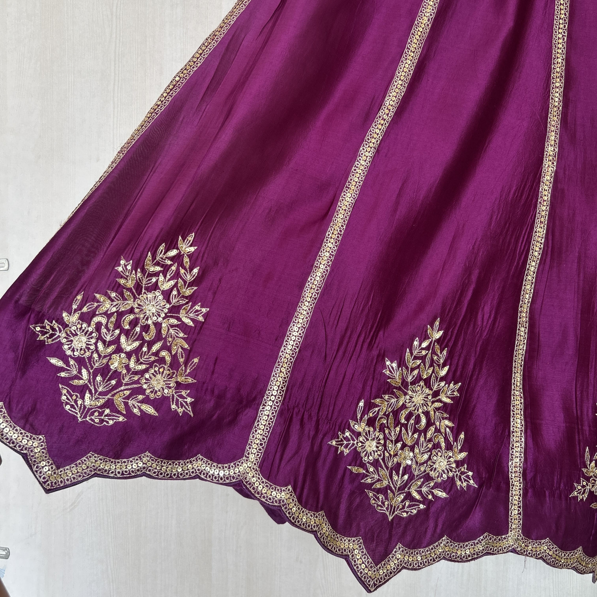 Purple Green Hand Embroidered Tussar Silk Lehenga