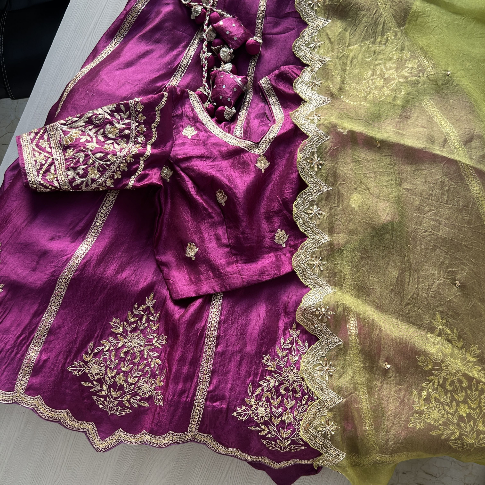 Purple Green Hand Embroidered Tussar Silk Lehenga