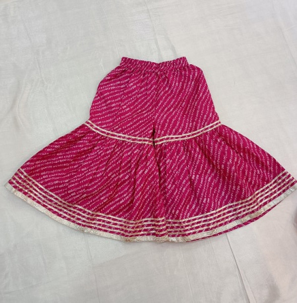 RANI BHANDEJ SILK PEPLUM TOP AND SHARARA WITH DUPPTTA ON LAPPA WORK KIDS WEAR