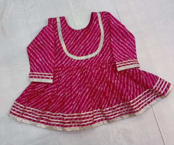 RANI BHANDEJ SILK PEPLUM TOP AND SHARARA WITH DUPPTTA ON LAPPA WORK KIDS WEAR