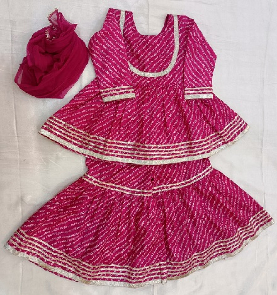 Image of RANI BHANDEJ SILK PEPLUM TOP AND SHARARA WITH DUPPTTA ON LAPPA WORK KIDS WEAR