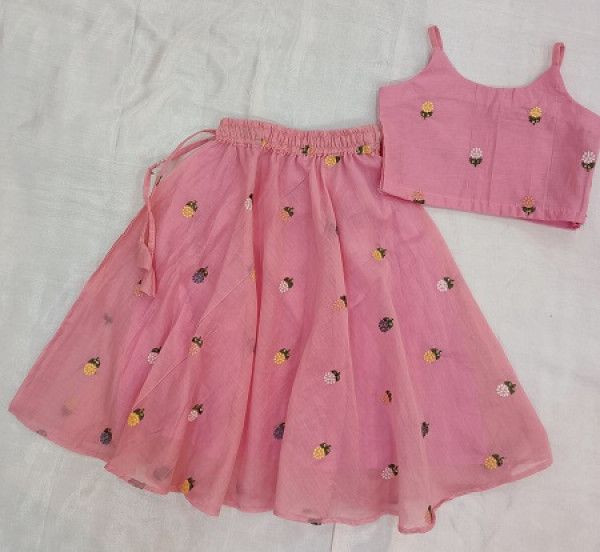 PINK MULPRINT  TOP SKIRT AND DUPPTTA  KIDS SET