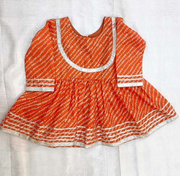 ORANGE BHANDEJ PRINT SILK PEPLUM SHARARA WITH DUPPTTA KIDS SET