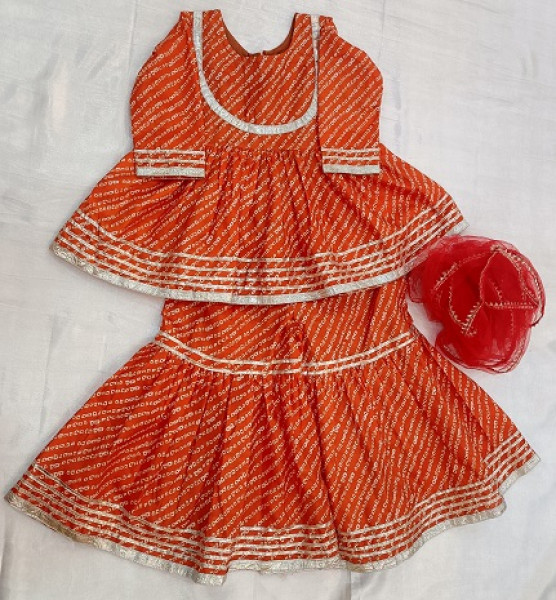 ORANGE BHANDEJ PRINT SILK PEPLUM SHARARA WITH DUPPTTA KIDS SET