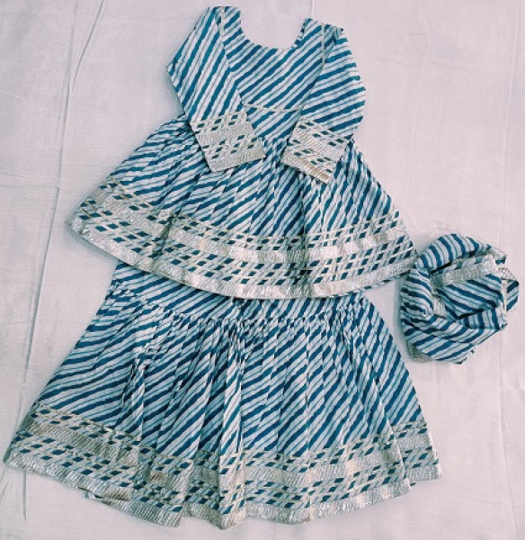 BLUE COTTON LEHRIYA PEPLUM SHARARA WITH DUPPTTA