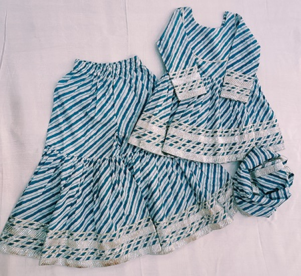 BLUE COTTON LEHRIYA PEPLUM SHARARA WITH DUPPTTA