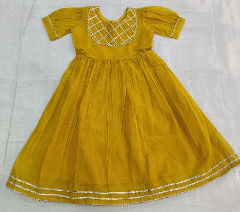 Image of YELLOW CHANDERI  KIDS FROCK SET