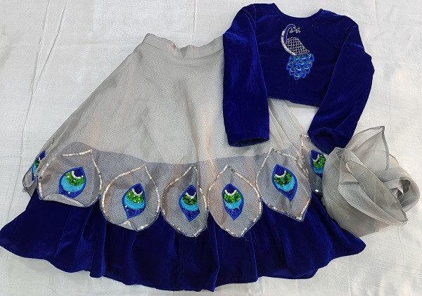 BLUE WITH SILVER VELVET AND TISSUE TOP SKIRT AND RUFFLE DUPPTTA  HANDWORK KIDS SET