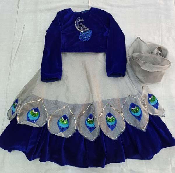 BLUE WITH SILVER VELVET AND TISSUE TOP SKIRT AND RUFFLE DUPPTTA  HANDWORK KIDS SET