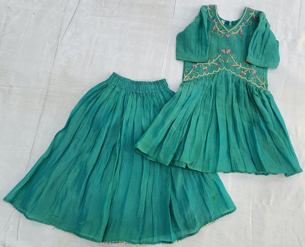 Image of DARK SKY BLUE HANDWORK PEPLUM AND SKIRT KIDS SET