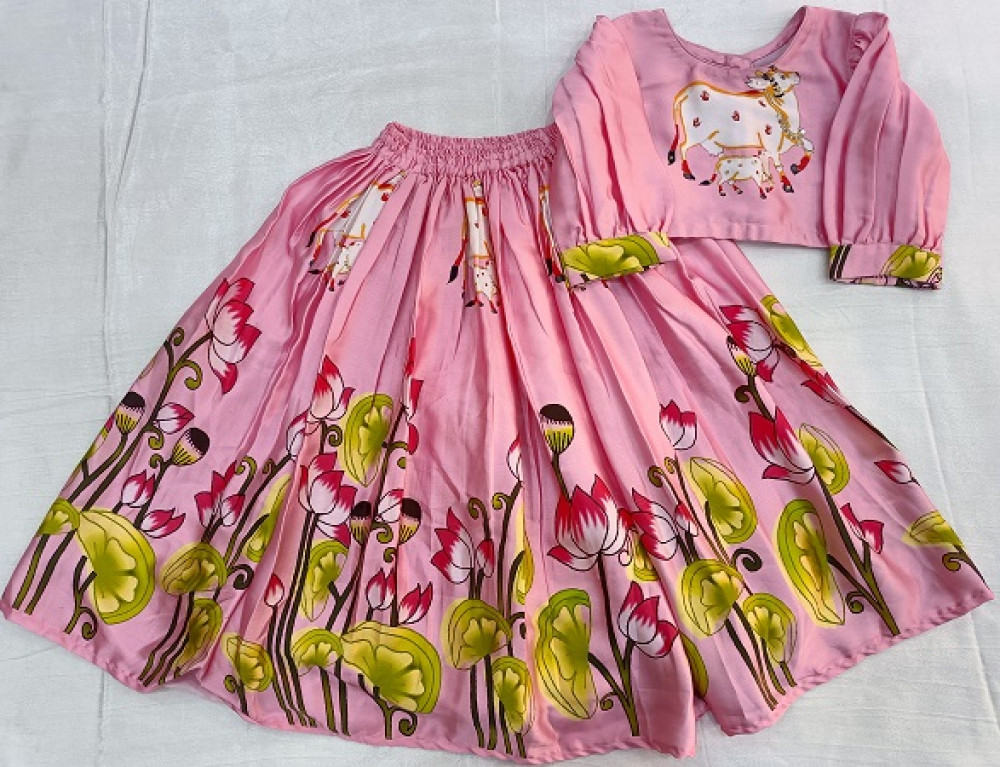 Image of PINK SATIN PRINT TOP SKIRT AND DUPTTA KIDS SET