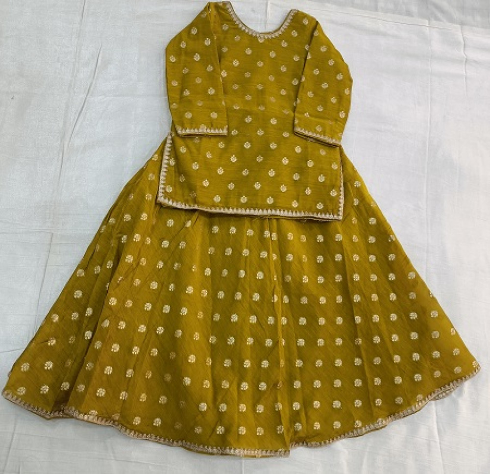 Image of GREEN BANARASI BOOTIE SHORT KURTI WITH DUPPTTA  KIDS SET