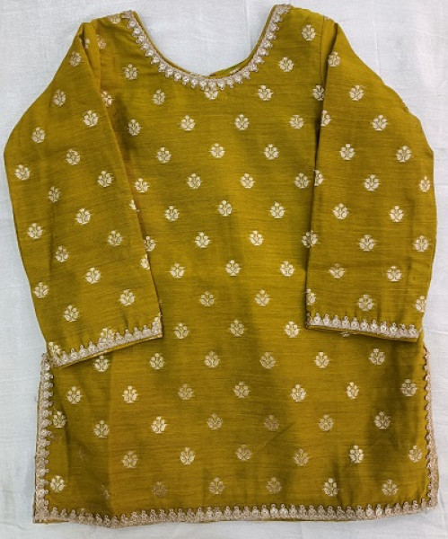 GREEN BANARASI BOOTIE SHORT KURTI WITH DUPPTTA  KIDS SET