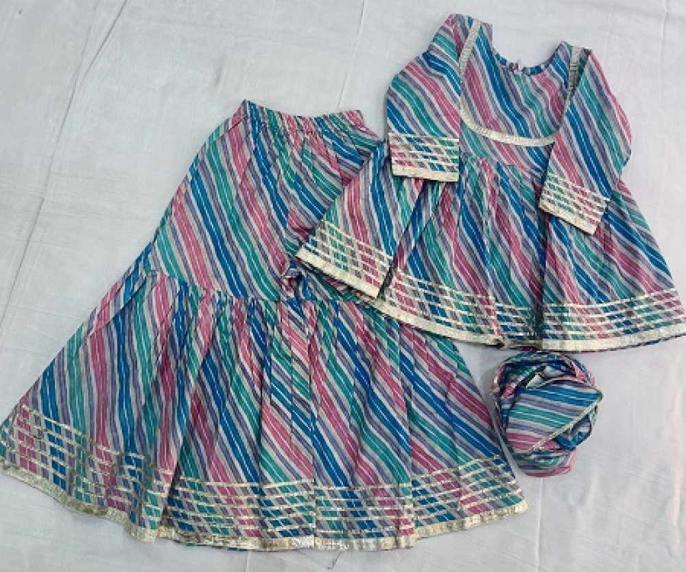 Image of COTTON MULTI LEHRIYA PEPLUM SHARARA WITH DUPPTTA  KIDS SET