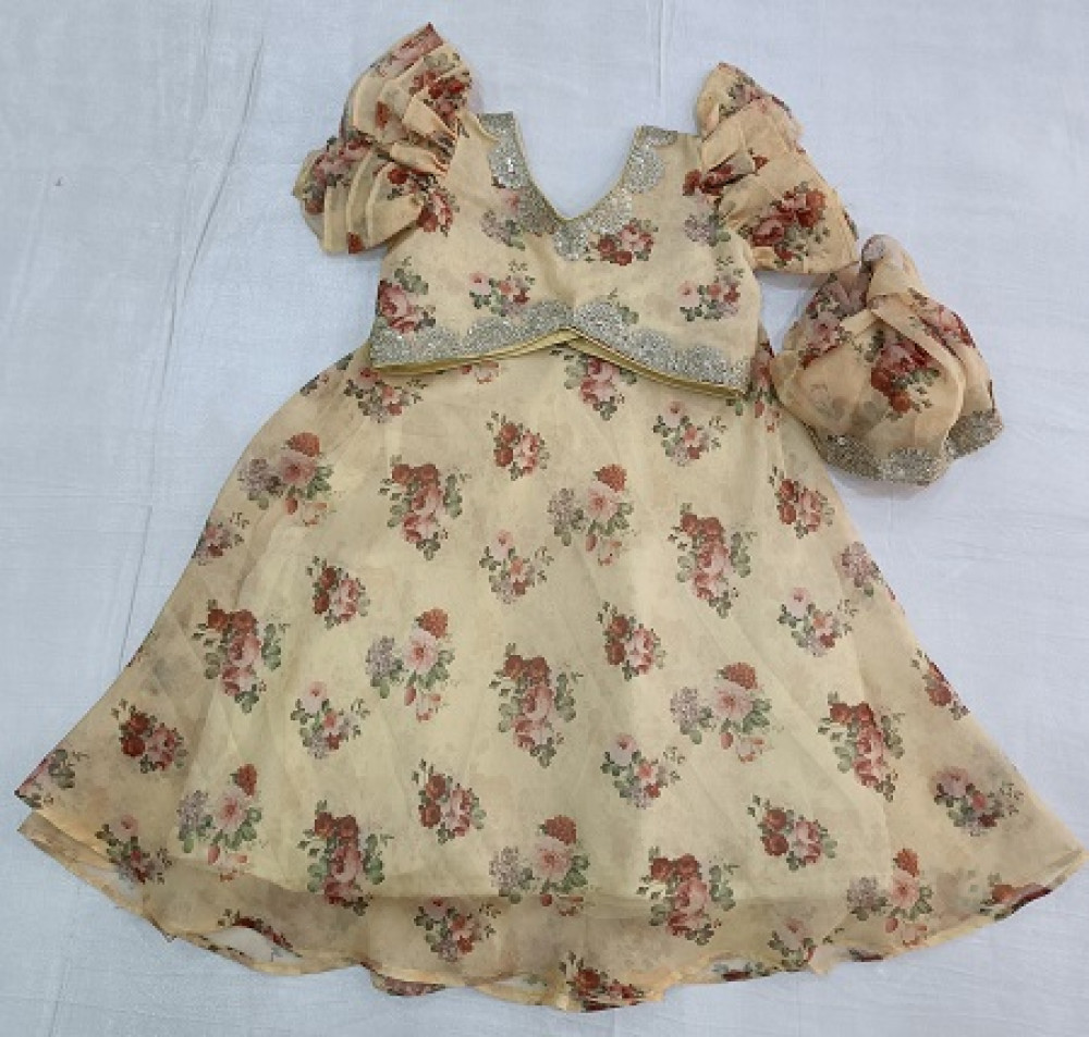 Image of LIGHT YELLOW GEORGETTE FLOWER PRINT TOP SKIRT AND DRAPE DUPPTTA KIDS SET