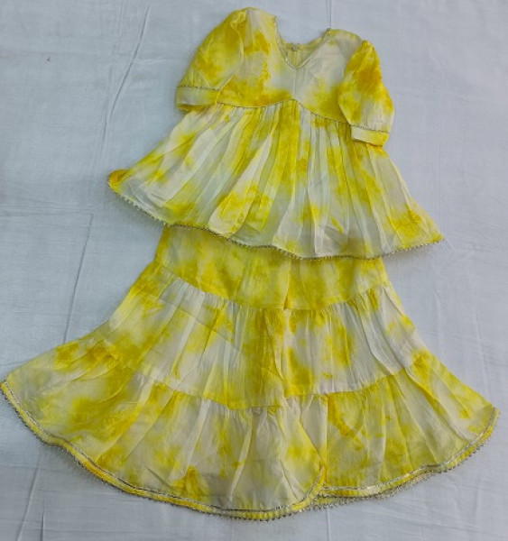 YELLOW TIE AND DYE PEPLUM TOP WITH DUPPTTA KIDS SET