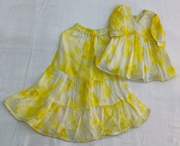 YELLOW TIE AND DYE PEPLUM TOP WITH DUPPTTA KIDS SET