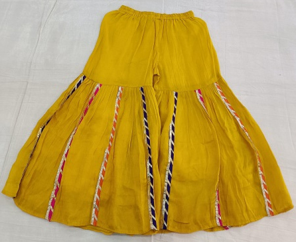 YELLOW TISSUE SHORT KURTI SHARARA WITH DUPPTTA KIDS SET