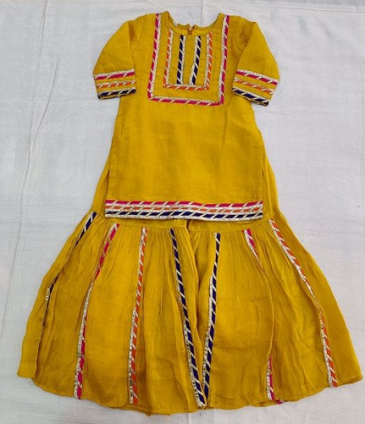 YELLOW TISSUE SHORT KURTI SHARARA WITH DUPPTTA KIDS SET