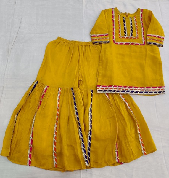YELLOW TISSUE SHORT KURTI SHARARA WITH DUPPTTA KIDS SET
