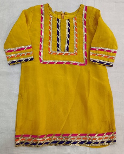 YELLOW TISSUE SHORT KURTI SHARARA WITH DUPPTTA KIDS SET