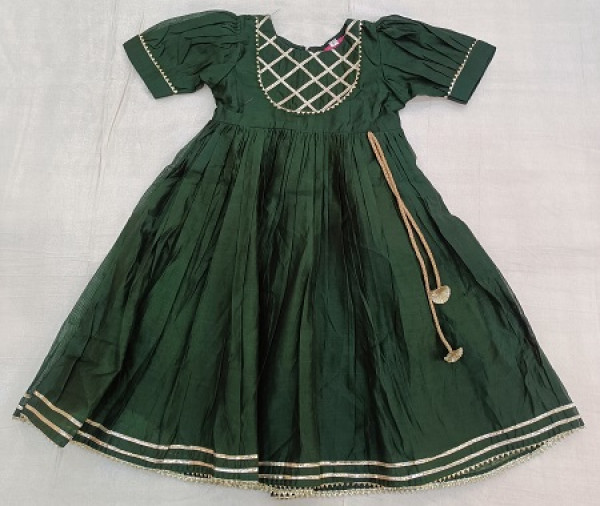 BOTTLE GREEN CHANDERI GOTA KIDS FROCK SET