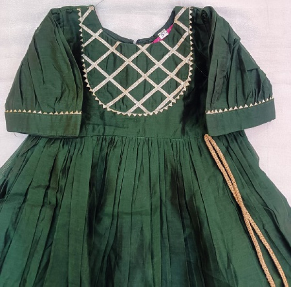 BOTTLE GREEN CHANDERI GOTA KIDS FROCK SET