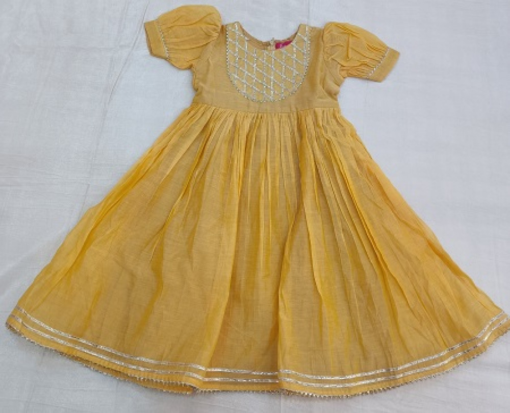 Image of YELLOW CHANDERI GOTA KIDS FROCK SET