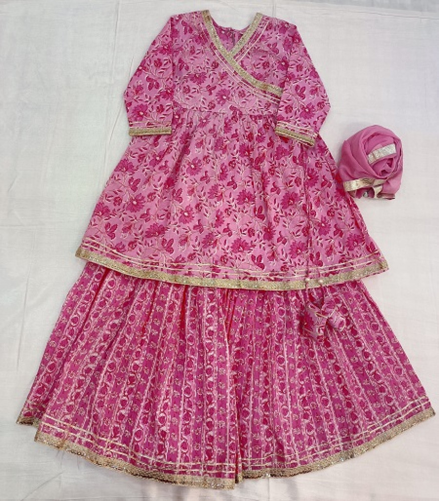 Image of PINK COTTON PRINT PEPLUM SHARARA WITH SHIFFON DUPTTA KIDS SET