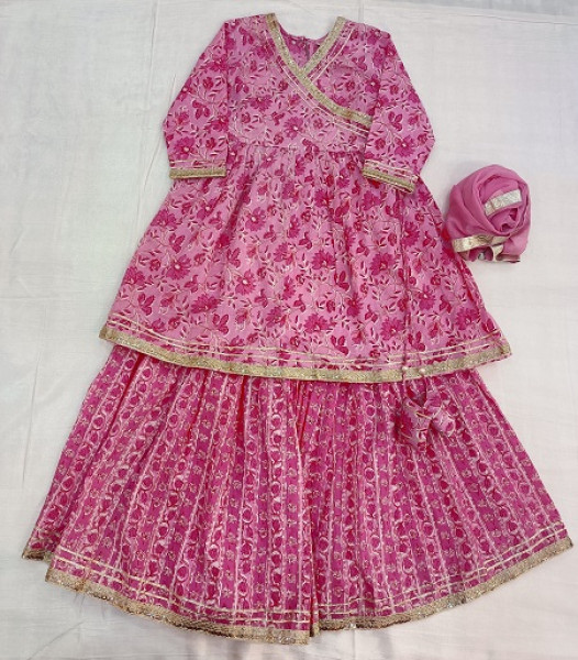 PINK COTTON PRINT PEPLUM SHARARA WITH SHIFFON DUPTTA KIDS SET