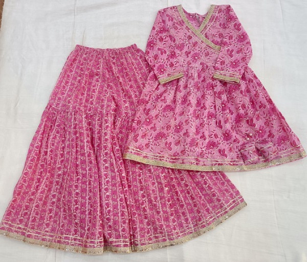 PINK COTTON PRINT PEPLUM SHARARA WITH SHIFFON DUPTTA KIDS SET