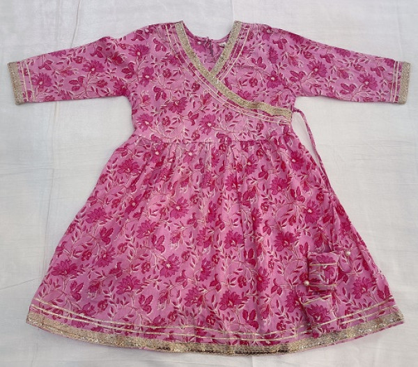 PINK COTTON PRINT PEPLUM SHARARA WITH SHIFFON DUPTTA KIDS SET