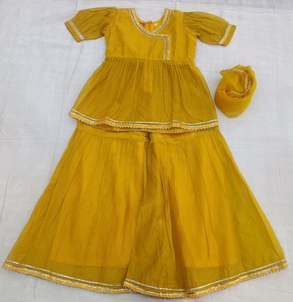 MUSTARD YELLOW CHNADERI PEPELUM SHARARA WITH DUPPTTA KIDS SET