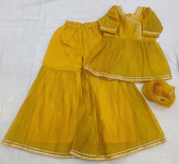 MUSTARD YELLOW CHNADERI PEPELUM SHARARA WITH DUPPTTA KIDS SET