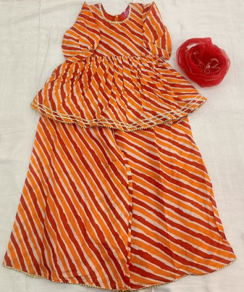RED ORANGE LEHRIYA MULMUL PEPELUM SHARARA WITH DUPPTTA KIDS SET