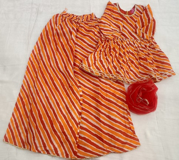 RED ORANGE LEHRIYA MULMUL PEPELUM SHARARA WITH DUPPTTA KIDS SET