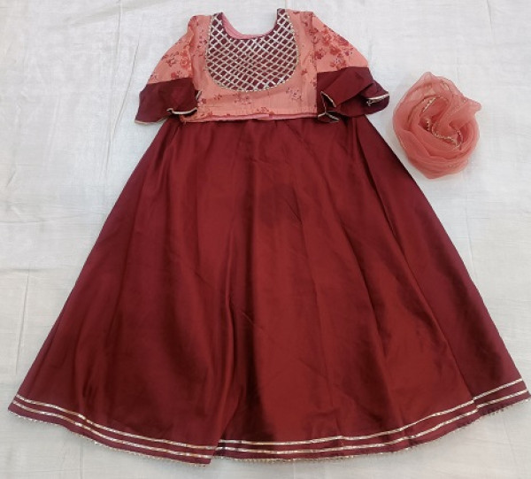 BRICK RED SILK TOP SKIRT WITH DUPPTTA KIDS SET