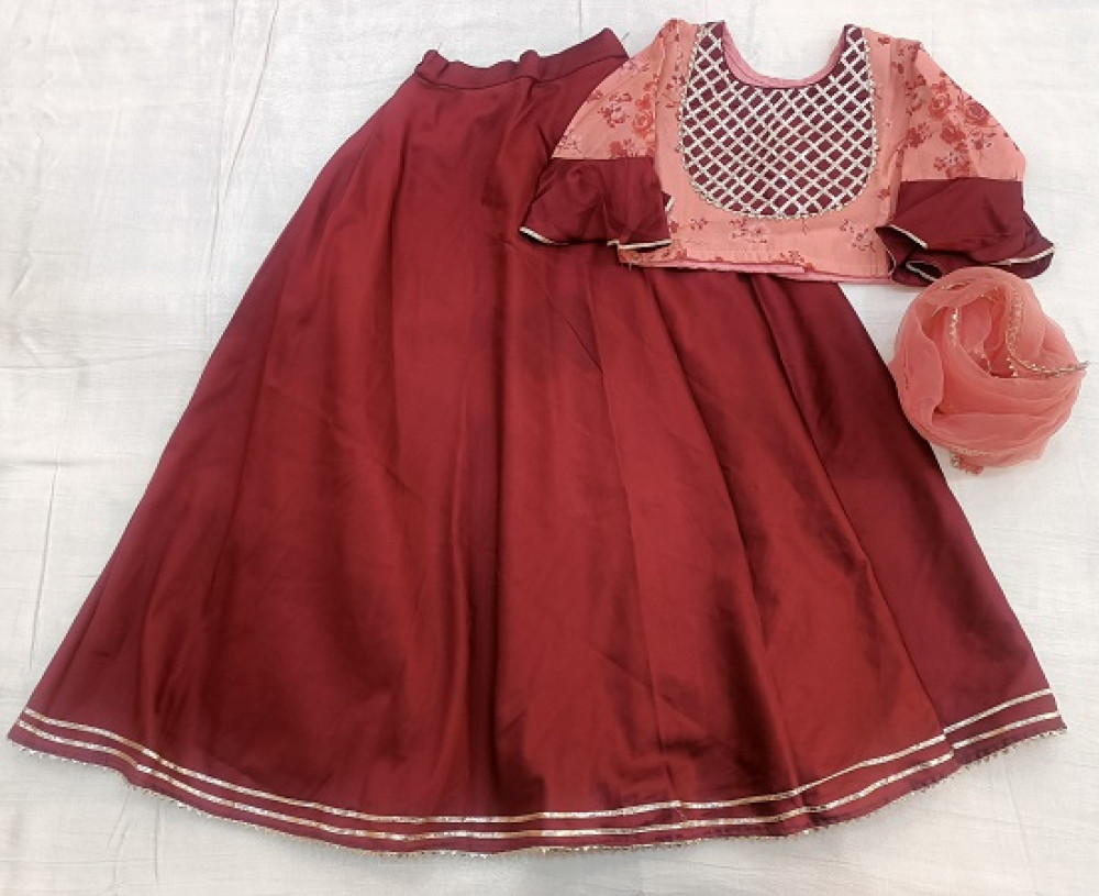 Image of BRICK RED SILK TOP SKIRT WITH DUPPTTA KIDS SET