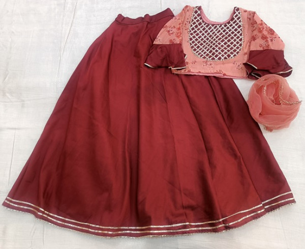 BRICK RED SILK TOP SKIRT WITH DUPPTTA KIDS SET