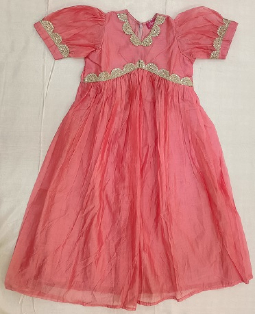 Image of PEACH PINK CHANDERI FROCK KIDS SET