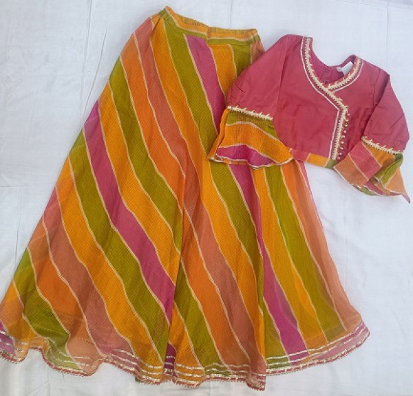 MULTI LEHRIYA DORIYA TOP SKIRT WITH DUPPTTA KIDS SET