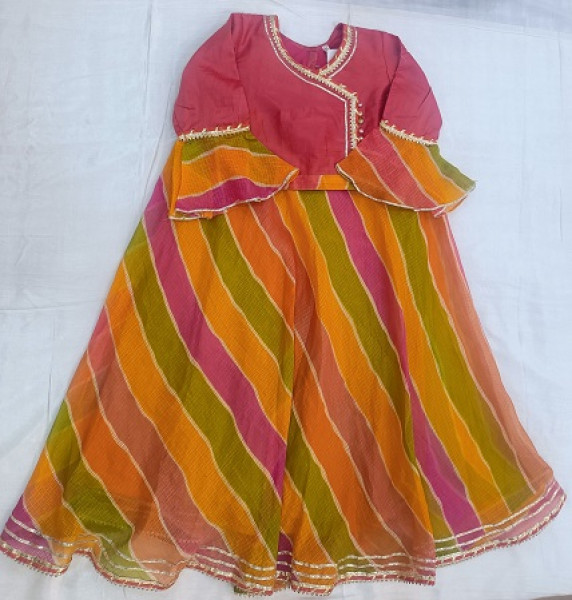 MULTI LEHRIYA DORIYA TOP SKIRT WITH DUPPTTA KIDS SET
