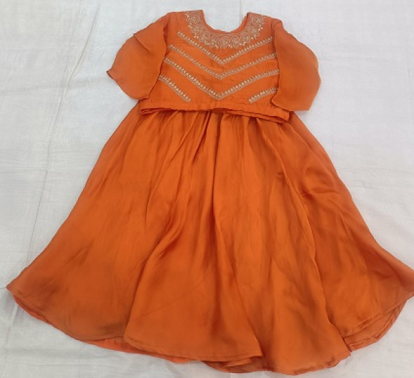 RUST ORANGE HANDWORK TOP SKIRT WITH DUPPTTA KIDS SET