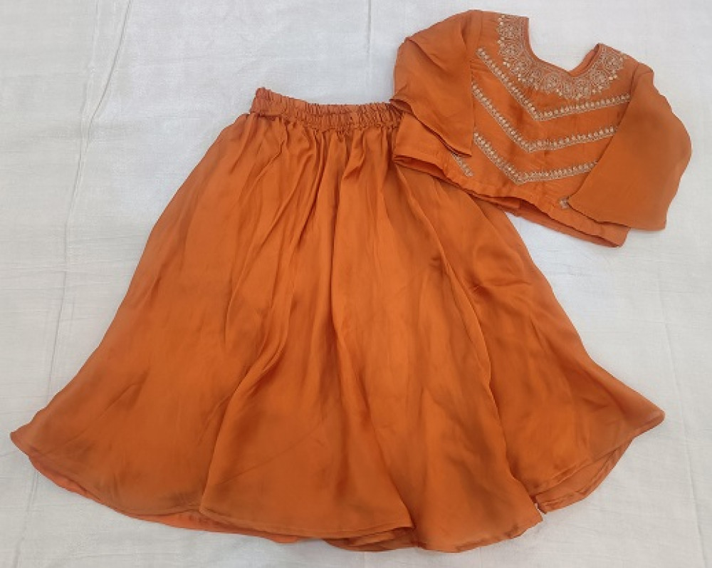 Image of RUST ORANGE HANDWORK TOP SKIRT WITH DUPPTTA KIDS SET