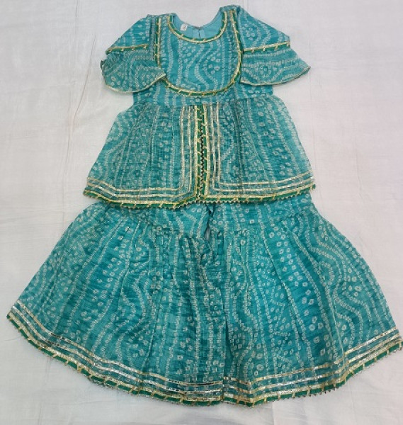 BLUE BHANDEJ PRINT DORIYA PEPLUM SHARARA WITH DUPTTA KIDS SET