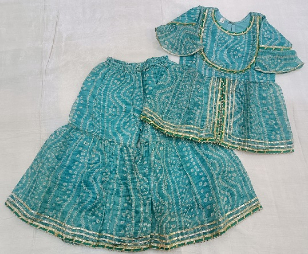 Image of BLUE BHANDEJ PRINT DORIYA PEPLUM SHARARA WITH DUPTTA KIDS SET