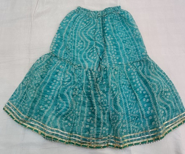 BLUE BHANDEJ PRINT DORIYA PEPLUM SHARARA WITH DUPTTA KIDS SET