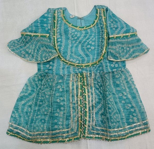 BLUE BHANDEJ PRINT DORIYA PEPLUM SHARARA WITH DUPTTA KIDS SET